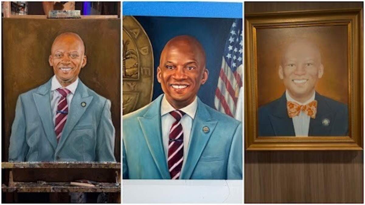 Records show Miami-Dade County paid for three paintings of County Commissioner Oliver Gilbert ahead of the hanging of the least expensive one in the commission chambers for a new portrait wall honoring past board chairs. The first portrait, pictured on the left, cost $2,000 and came from artist Rahiem Milton. The second portrait, center, cost $2,500, according to an invoice, and was painted by artist Sitki Dogan. The third portrait, right, cost just $280 because it was a print of a portrait that Miami Gardens commissioned five years ago to honor Gilbert for his time as that city’s mayor. Milton and Dogan shared photographs of their nearly finished work with the Miami Herald, as pictured here. The photograph of the framed print of the Miami Gardens portrait was taken at the County Commission chambers. Records show Miami-Dade County paid for three paintings of County Commissioner Oliver Gilbert ahead of the hanging of the least expensive one in the commission chambers for a new portrait wall honoring past board chairs. The first portrait, pictured on the left, cost $2,000 and came from artist Rahiem Milton. The second portrait, center, cost $2,500, according to an invoice, and was painted by artist Sitki Dogan. The third portrait, right, cost just $280 because it was a print of a portrait that Miami Gardens commissioned five years ago to honor Gilbert for his time as that city’s mayor. Milton and Dogan shared photographs of their nearly finished work with the Miami Herald, as pictured here. The photograph of the framed print of the Miami Gardens portrait was taken at the County Commission chambers.